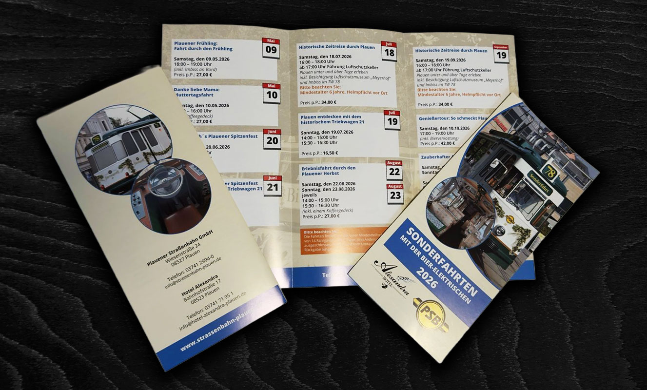 Werbeagentur Vogtland - Flyer für Sonderfahrten 2026 für die Plauener Straßenbahn GmbH